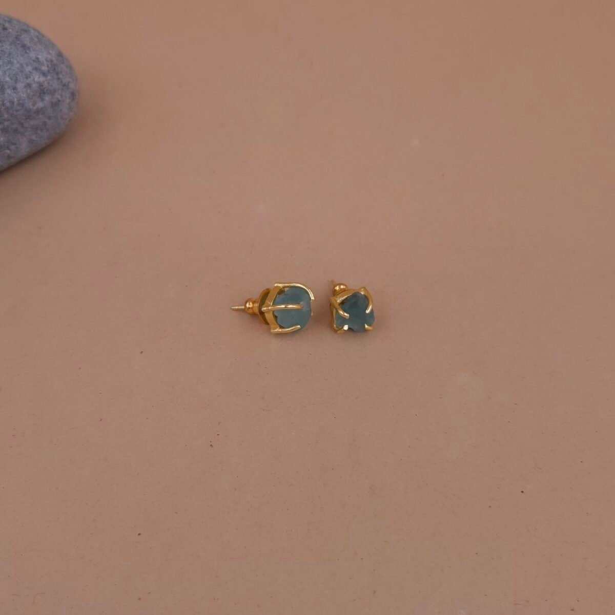 Green Natural Stone Stud Earrings in Gold Finish | Handcrafted & Anti-Tarnish Minimal Studs