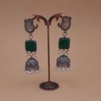Antique Silver Plated Brass Jhumka Earrings with Green Monalisa Stone & Pearl Drops