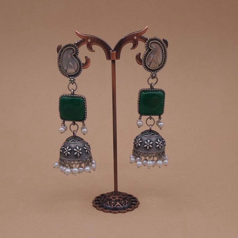 Antique Silver Plated Brass Jhumka Earrings with Green Monalisa Stone & Pearl Drops