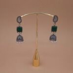 Antique Silver Plated Brass Jhumka Earrings with Green Monalisa Stone & Pearl Drops