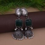 Antique Silver Plated Brass Jhumka Earrings with Green Monalisa Stone & Pearl Drops
