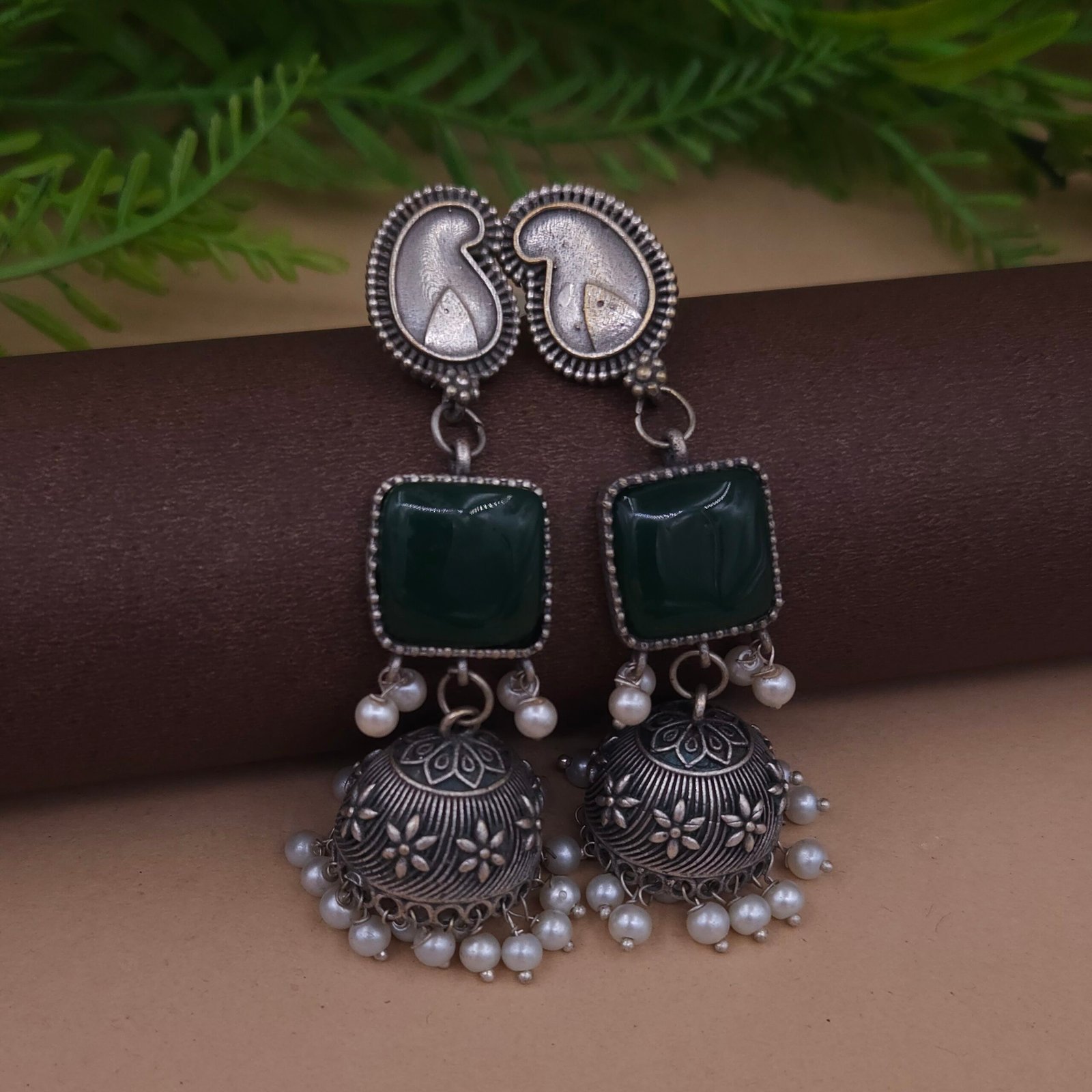 Antique Silver Plated Brass Jhumka Earrings with Green Monalisa Stone & Pearl Drops Antique Silver Plated Brass Jhumka Earrings with Green Monalisa Stone & Pearl Drops