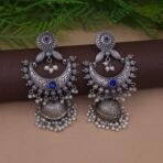 Antique Silver Plated Brass Crescent Chandbali Jhumka Earrings with Blue Stone & Pearl Drops