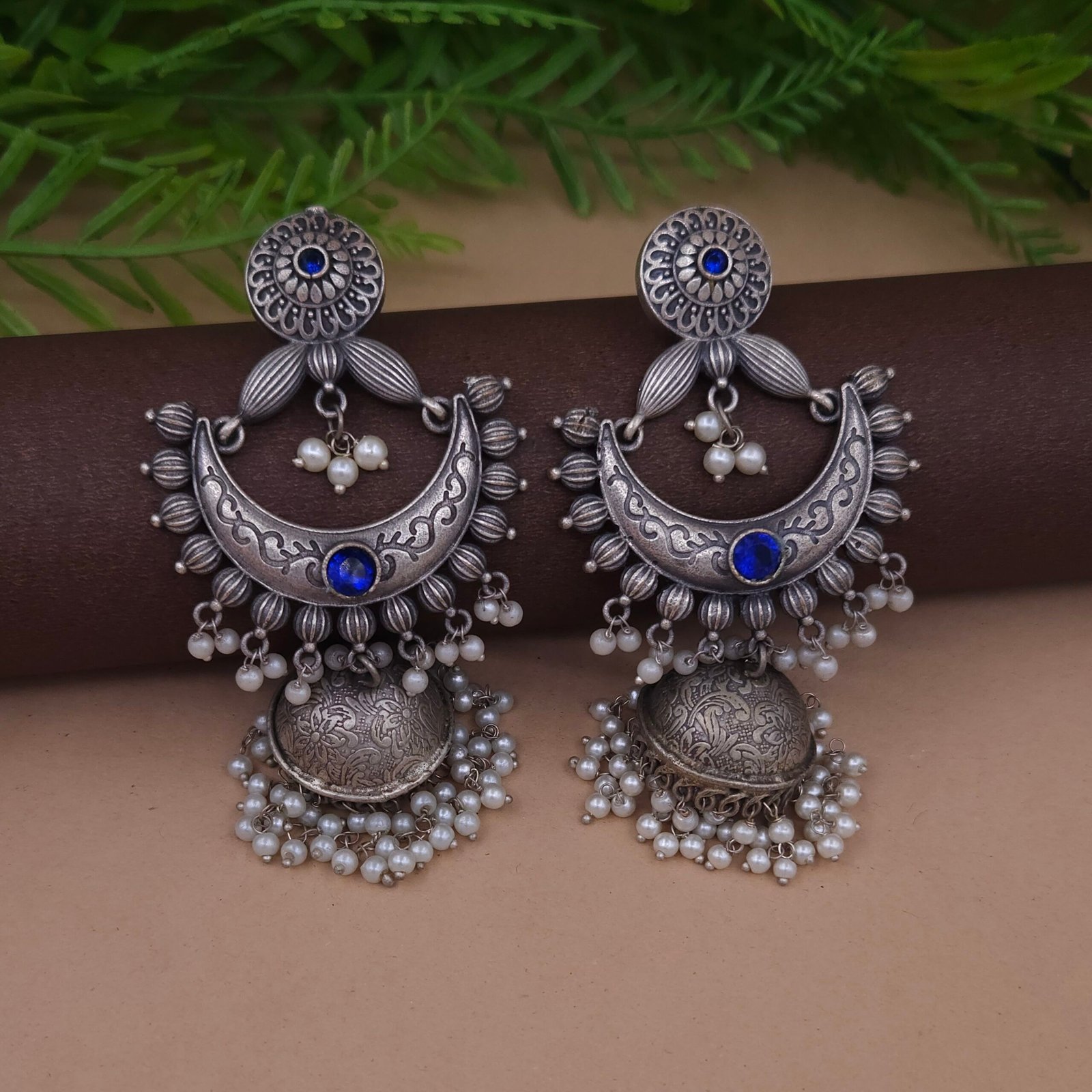 Antique Silver Plated Brass Crescent Chandbali Jhumka Earrings with Blue Stone & Pearl Drops Antique Silver Plated Brass Crescent Chandbali Jhumka Earrings with Blue Stone & Pearl Drops