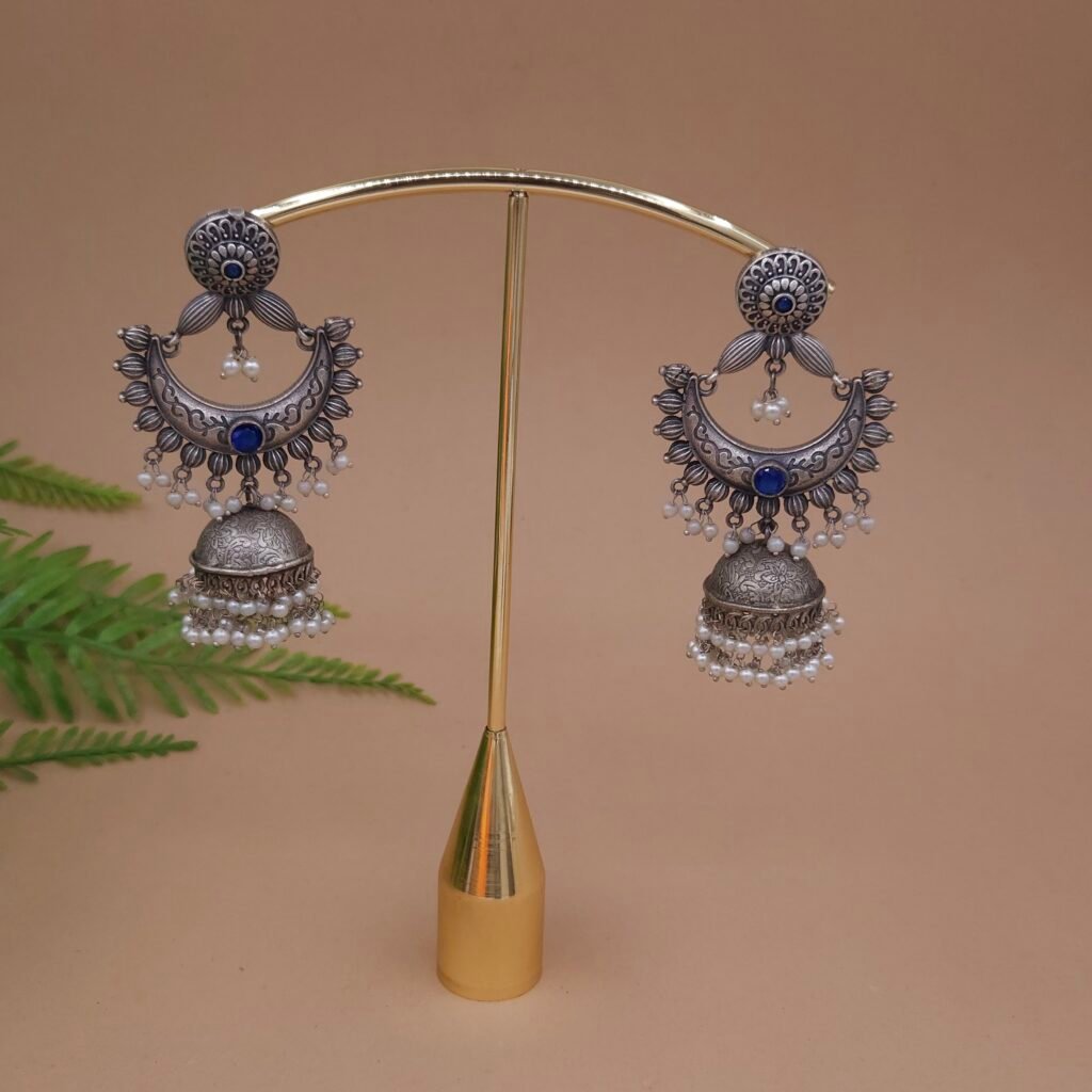 Antique Silver Plated Brass Crescent Chandbali Jhumka Earrings with Blue Stone & Pearl Drops