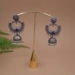 Antique Silver Plated Brass Crescent Chandbali Jhumka Earrings with Blue Stone & Pearl Drops