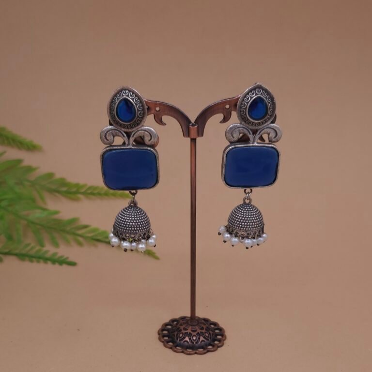 Antique Silver Plated Brass Blue Monalisa Jhumka Earrings with Pearl Drops