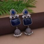 Antique Silver Plated Brass Blue Monalisa Jhumka Earrings with Pearl Drops