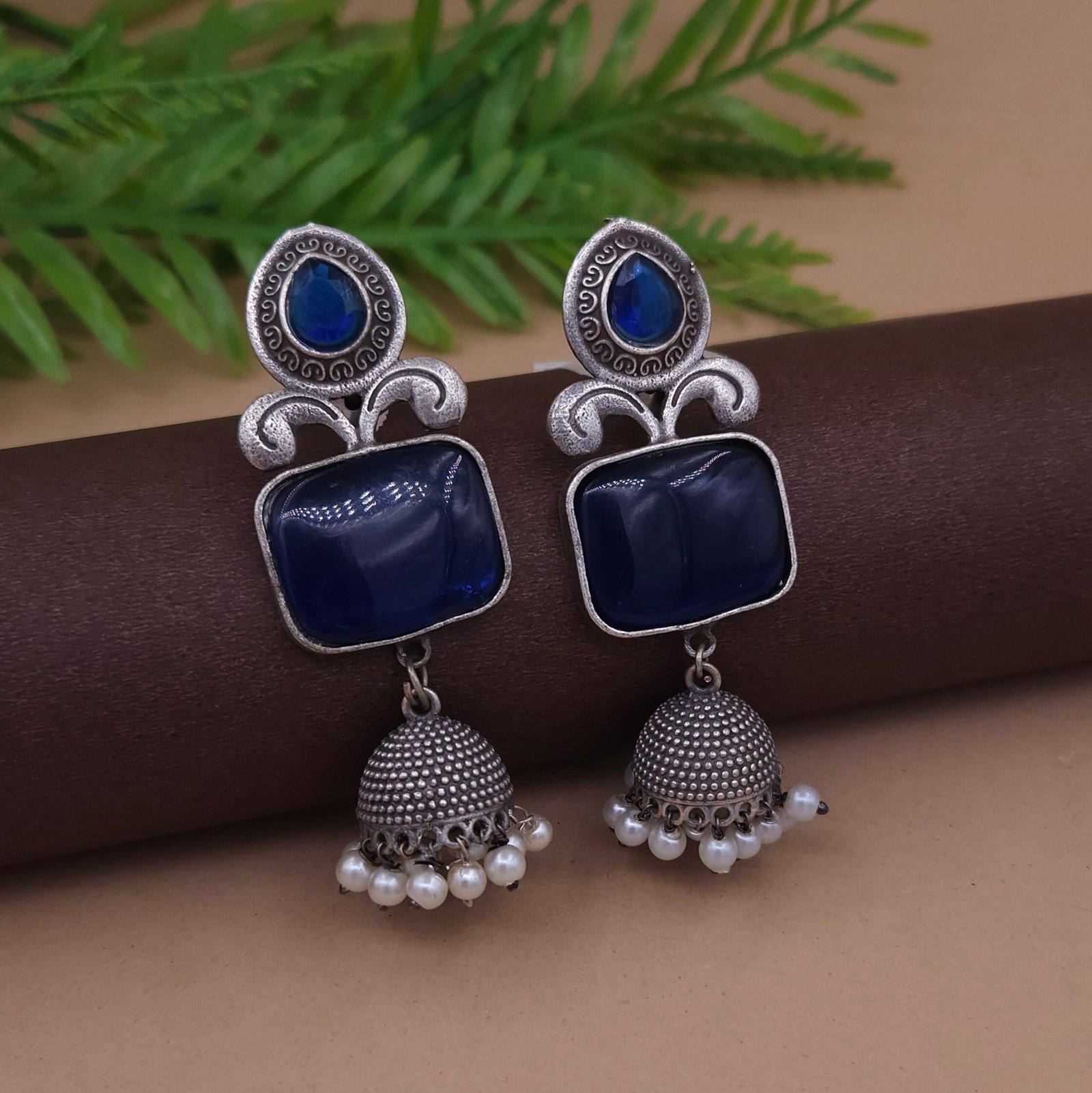 Antique Silver Plated Brass Blue Monalisa Jhumka Earrings with Pearl Drops Antique Silver Plated Brass Blue Monalisa Jhumka Earrings with Pearl Drops