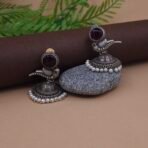 Antique Silver Plated Brass Bird Motif Jhumka Earrings with Red Monalisa Stone & Pearl Drops