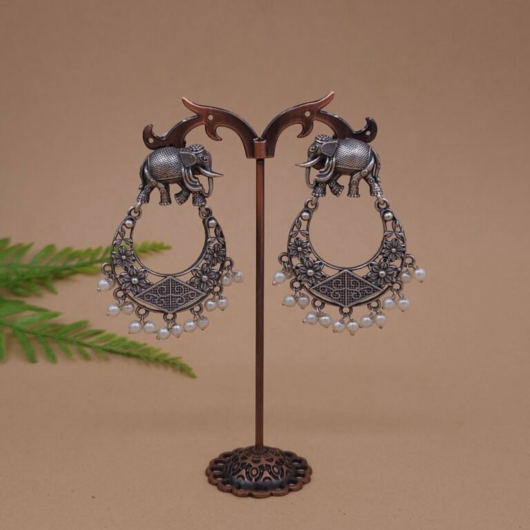 Antique Silver Plated Brass Elephant Motif Chandbali Earrings with Floral Design & Pearl Drops