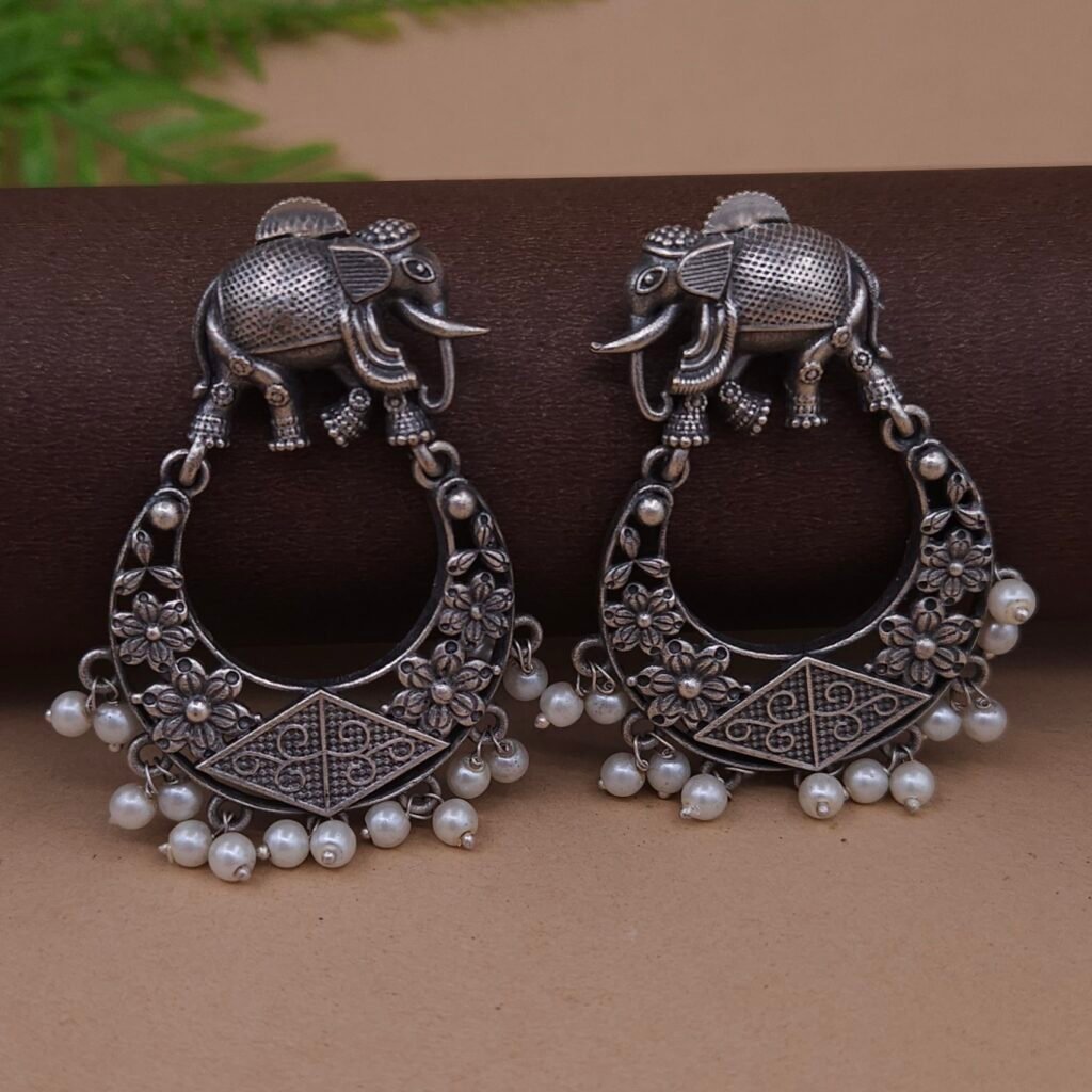 Antique Silver Plated Brass Elephant Motif Chandbali Earrings with Floral Design & Pearl Drops