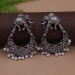 Antique Silver Plated Brass Elephant Motif Chandbali Earrings with Floral Design & Pearl Drops