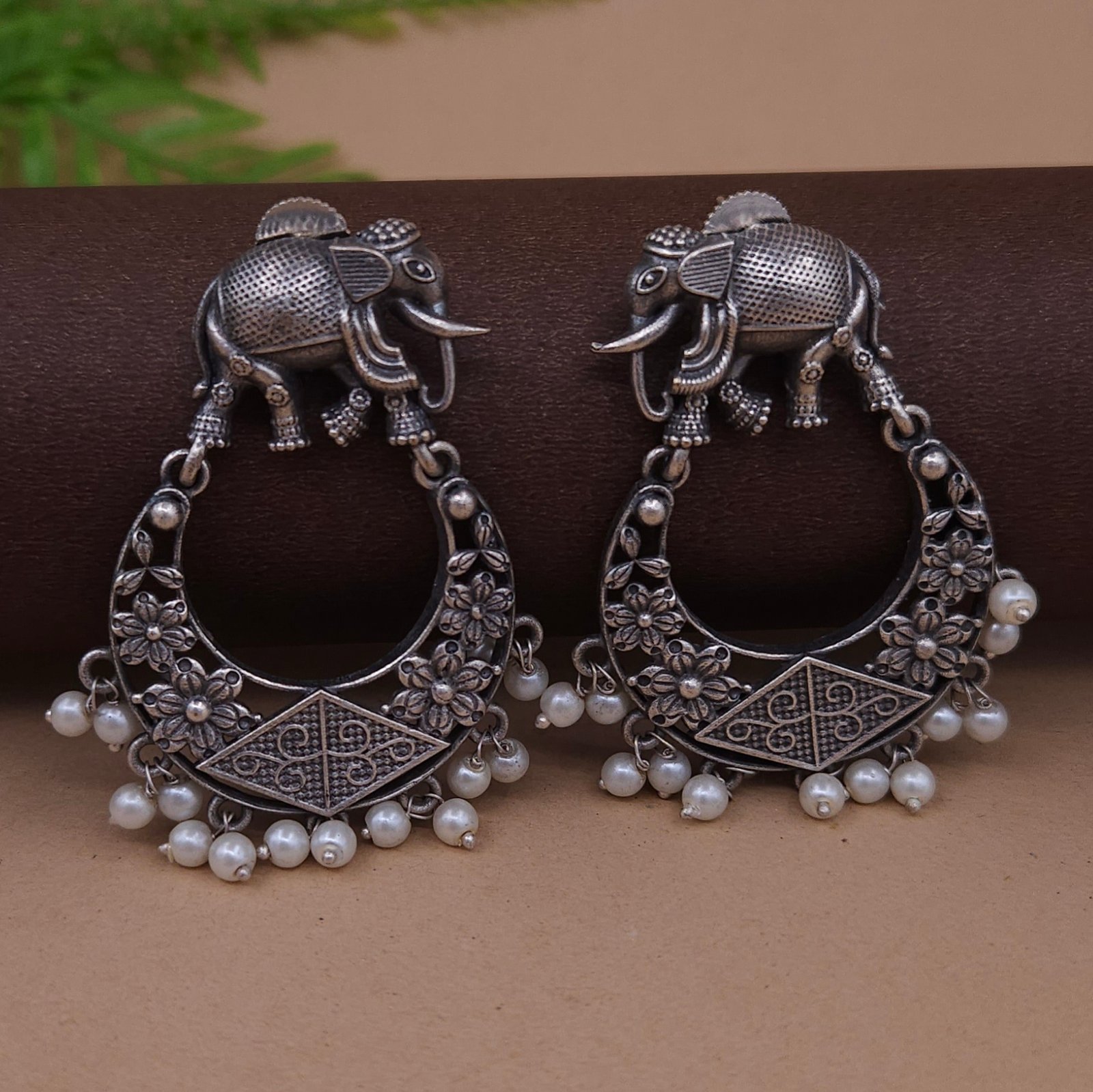 Antique Silver Plated Brass Elephant Motif Chandbali Earrings with Floral Design & Pearl Drops Antique Silver Plated Brass Elephant Motif Chandbali Earrings with Floral Design & Pearl Drops