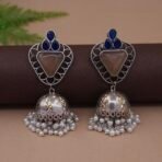 Antique Silver Plated Brass Contemporary Jhumka Earrings with Brown Monalisa Stone, Blue Accents & Pearl Drops
