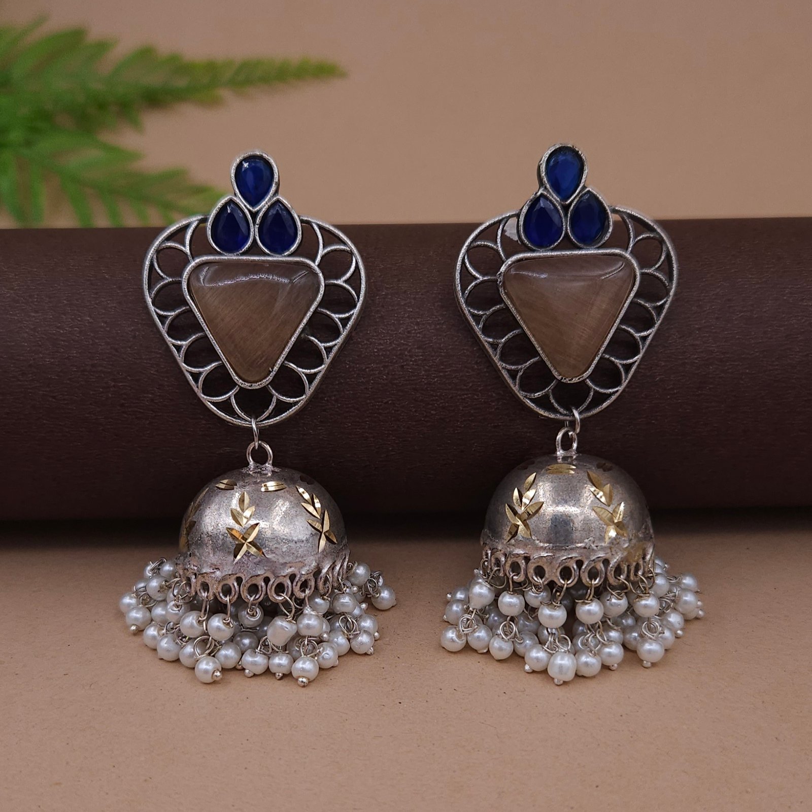 Antique Silver Plated Brass Contemporary Jhumka Earrings with Brown Monalisa Stone, Blue Accents & Pearl Drops Antique Silver Plated Brass Contemporary Jhumka Earrings with Brown Monalisa Stone, Blue Accents & Pearl Drops