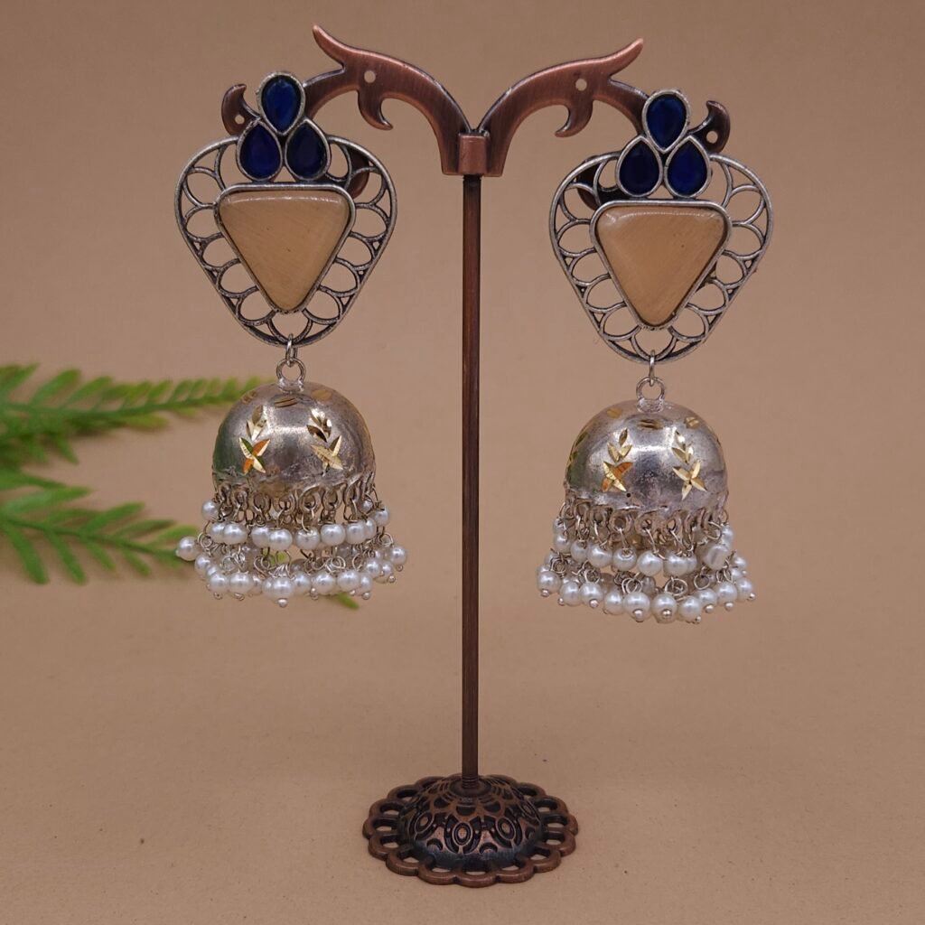 Antique Silver Plated Brass Contemporary Jhumka Earrings with Brown Monalisa Stone, Blue Accents & Pearl Drops