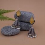 Antique Silver Plated Brass Jhumka Earrings with Yellow Monalisa Stone & Pearl Drops
