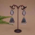 Antique Silver Plated Brass Jhumka Earrings with Grey Monalisa Stone & Pearl Drops