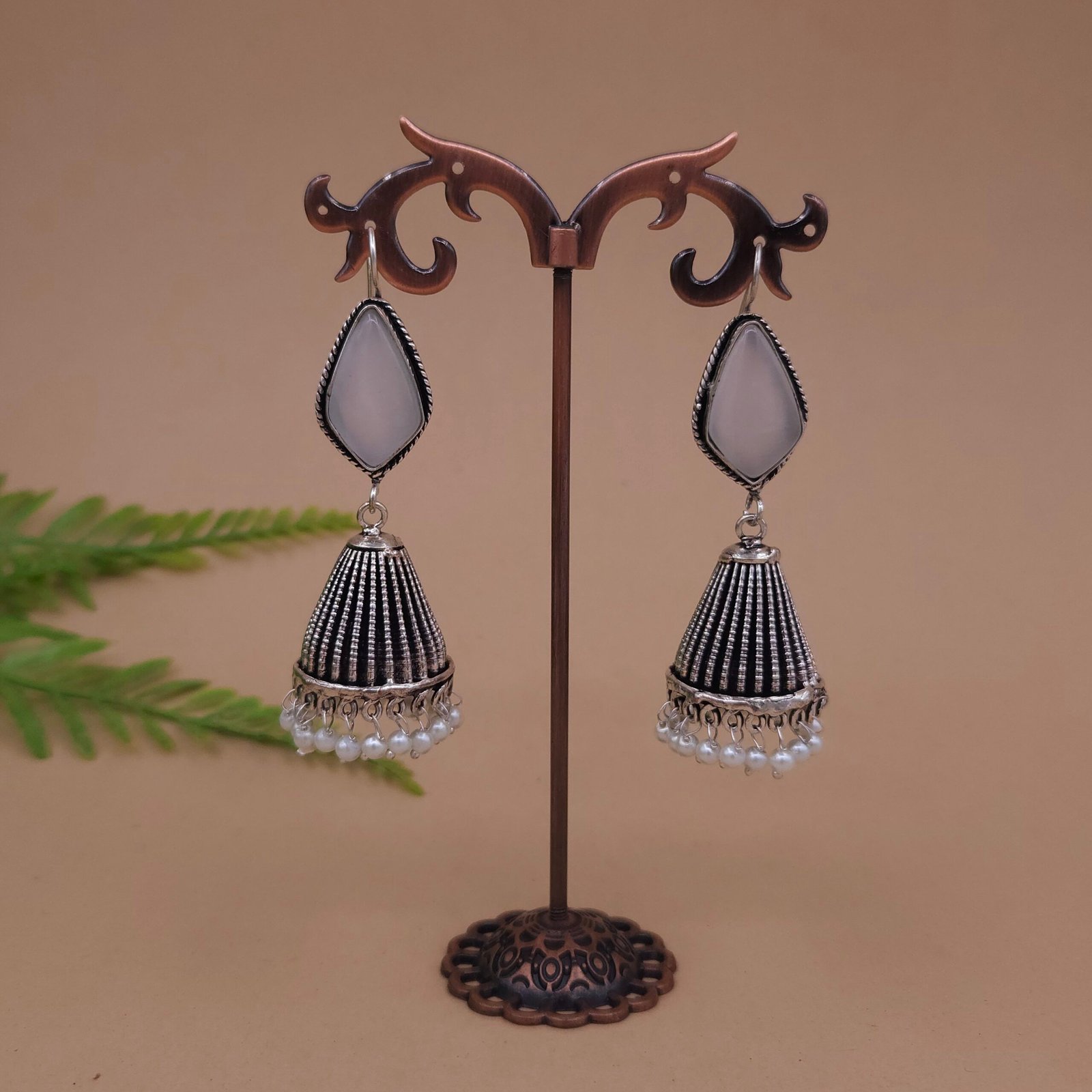 Antique Silver Plated Brass Jhumka Earrings with Grey Monalisa Stone & Pearl Drops Antique Silver Plated Brass Jhumka Earrings with Grey Monalisa Stone & Pearl Drops