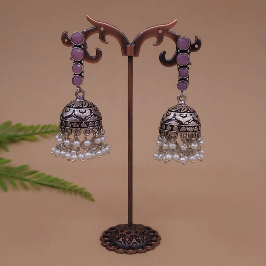 Antique Silver Brass Jhumka Earrings with Pearl Drop and Purple Accents