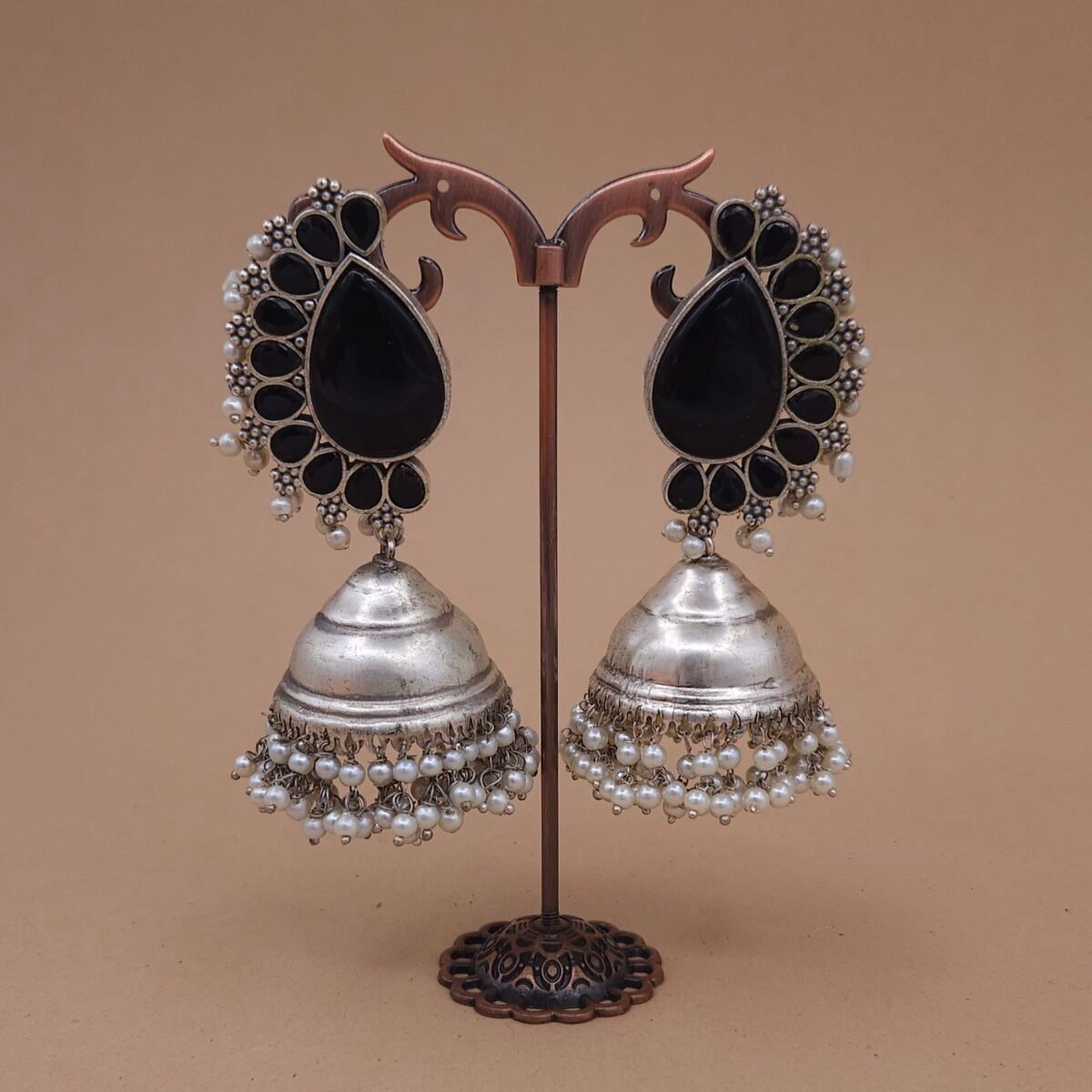 Silver Replica Brass Jhumka Earrings with Monalisa Stone & Pearl Drops