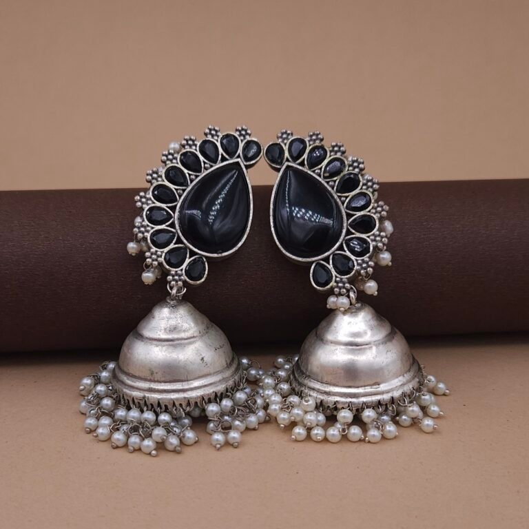 Silver Replica Brass Jhumka Earrings with Monalisa Stone & Pearl Drops