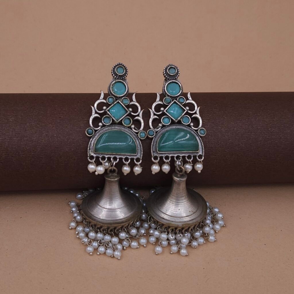 Handcrafted Antique Silver Brass Jhumka Earrings with Green Monalisa Stones & Pearl Drops