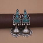 Handcrafted Antique Silver Brass Jhumka Earrings with Green Monalisa Stones & Pearl Drops