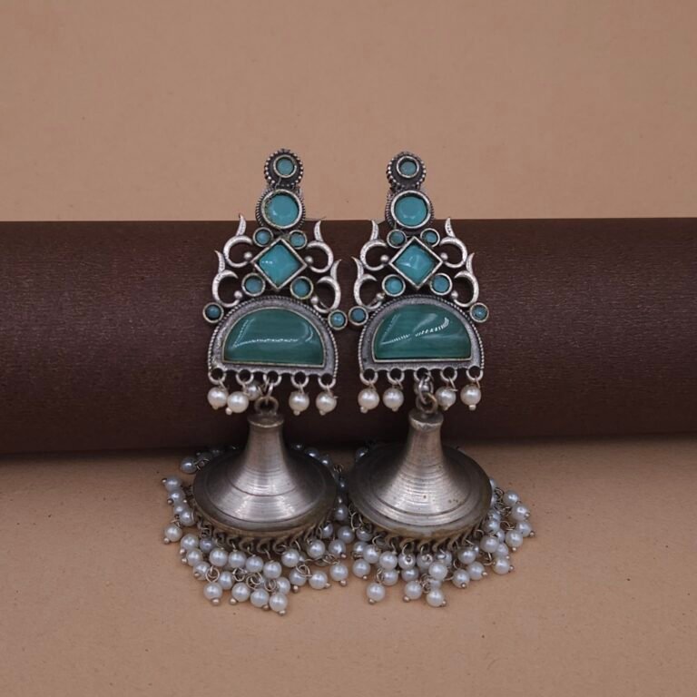 Handcrafted Antique Silver Brass Jhumka Earrings with Green Monalisa Stones & Pearl Drops