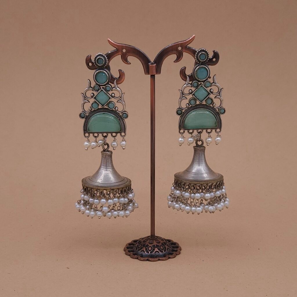 Handcrafted Antique Silver Brass Jhumka Earrings with Green Monalisa Stones & Pearl Drops