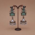 Handcrafted Antique Silver Brass Jhumka Earrings with Green Monalisa Stones & Pearl Drops