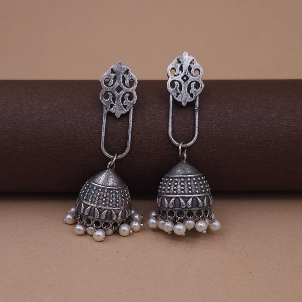 Handcrafted Antique Silver Brass Jhumka Earrings with Cutwork Top & Pearl Drops
