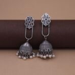 Handcrafted Antique Silver Brass Jhumka Earrings with Cutwork Top & Pearl Drops
