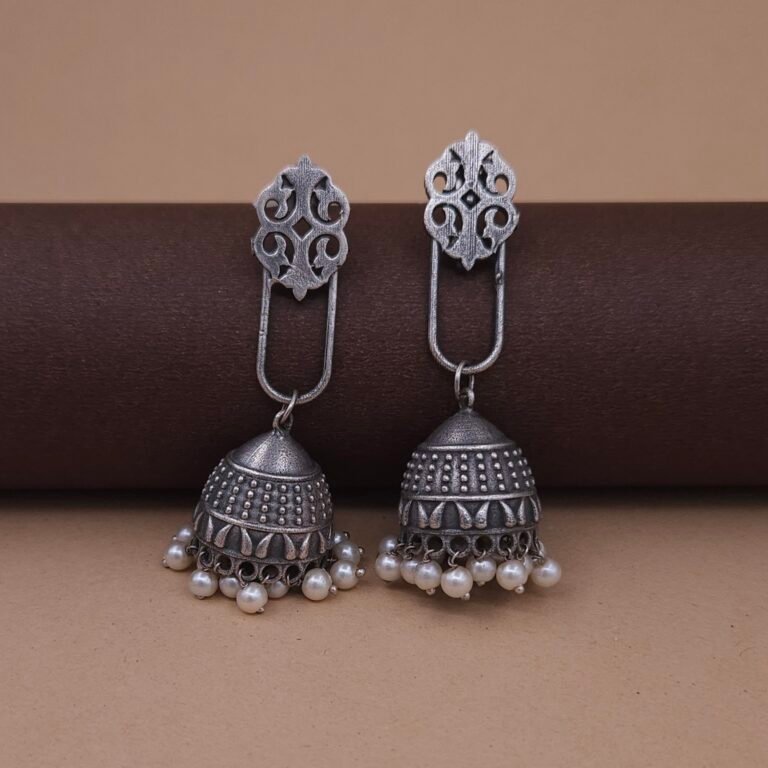 Handcrafted Antique Silver Brass Jhumka Earrings with Cutwork Top & Pearl Drops