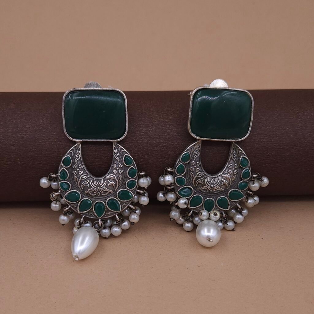 Antique Silver Brass Chandbali Earrings with Green Monalisa Stone & Pearl Drops