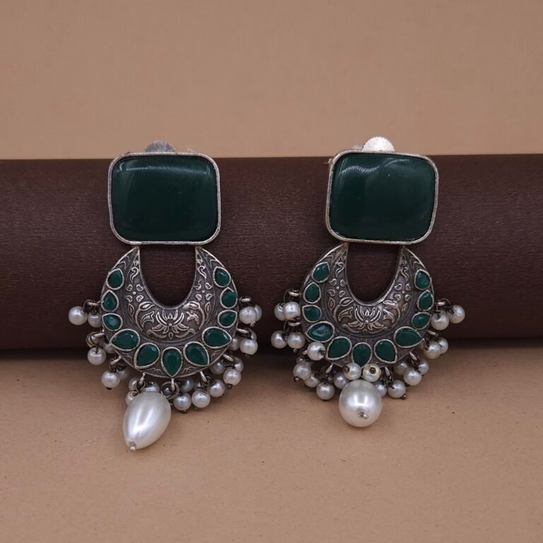 Antique Silver Brass Chandbali Earrings with Green Monalisa Stone & Pearl Drops