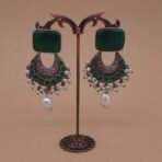 Antique Silver Brass Chandbali Earrings with Green Monalisa Stone & Pearl Drops
