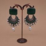 Antique Silver Brass Chandbali Earrings with Green Monalisa Stone & Pearl Drops