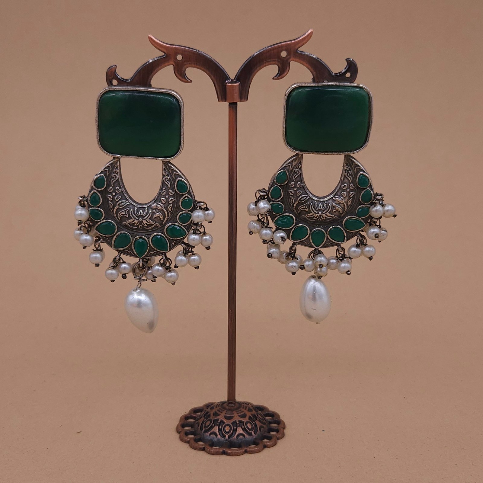 Antique Silver Brass Chandbali Earrings with Green Monalisa Stone & Pearl Drops Antique Silver Brass Chandbali Earrings with Green Monalisa Stone & Pearl Drops