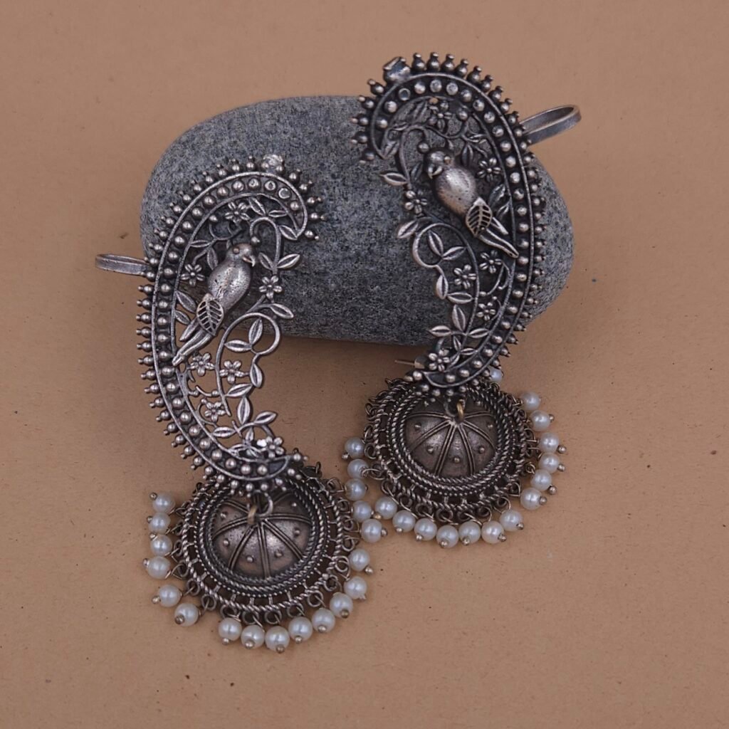 Silver Replica Brass Earcuff Jhumka Earrings with Paisley Bird Design & Pearl Drops