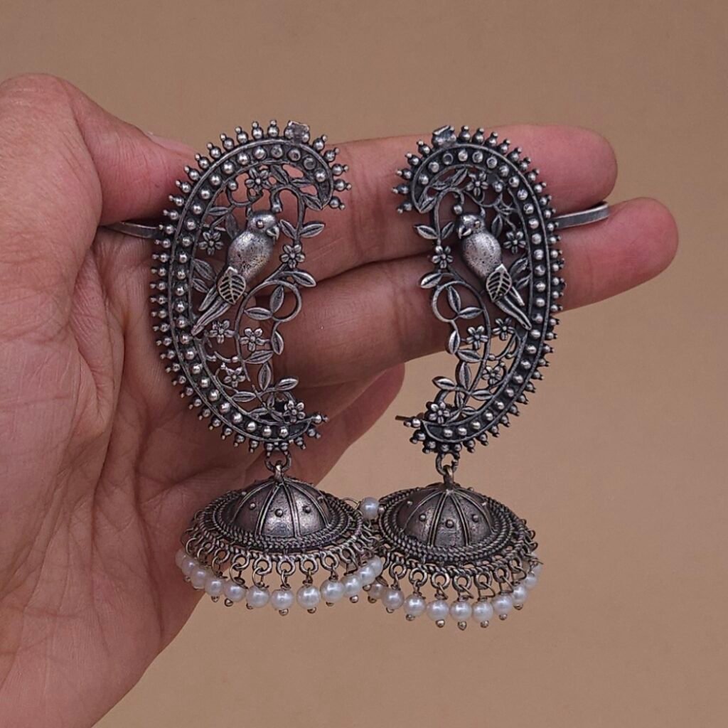 Silver Replica Brass Earcuff Jhumka Earrings with Paisley Bird Design & Pearl Drops