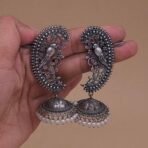 Silver Replica Brass Earcuff Jhumka Earrings with Paisley Bird Design & Pearl Drops