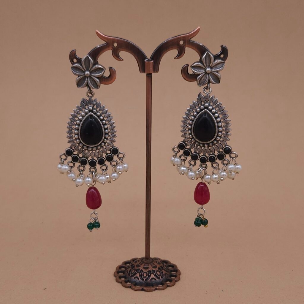 Handcrafted Anti-Tarnish Silver Replica Brass Chandbali Earrings with Monalisa Stone