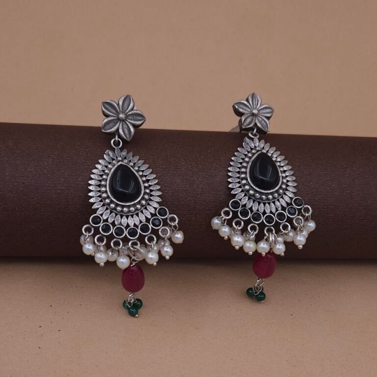 Handcrafted Anti-Tarnish Silver Replica Brass Chandbali Earrings with Monalisa Stone