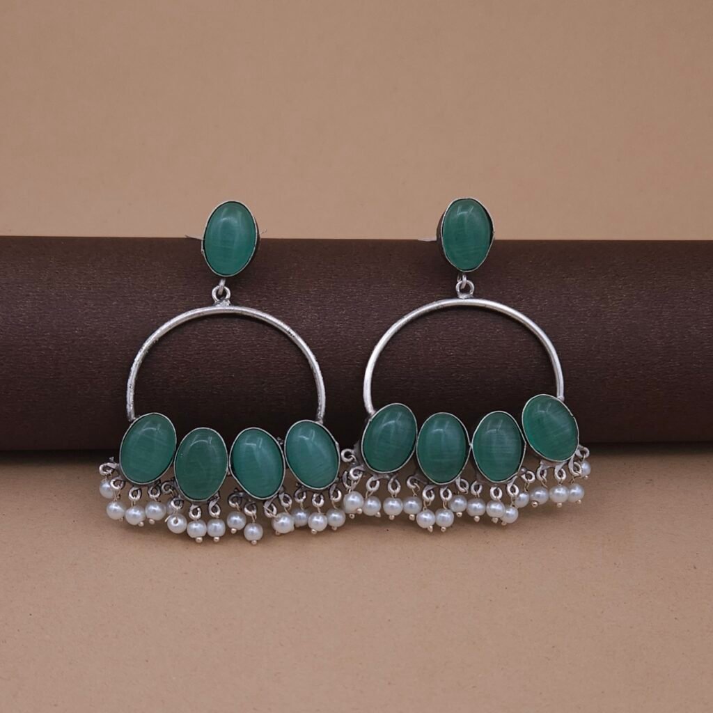 Handcrafted Silver Replica Green Monalisa Hoop Earrings with Pearls