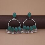 Handcrafted Silver Replica Green Monalisa Hoop Earrings with Pearls