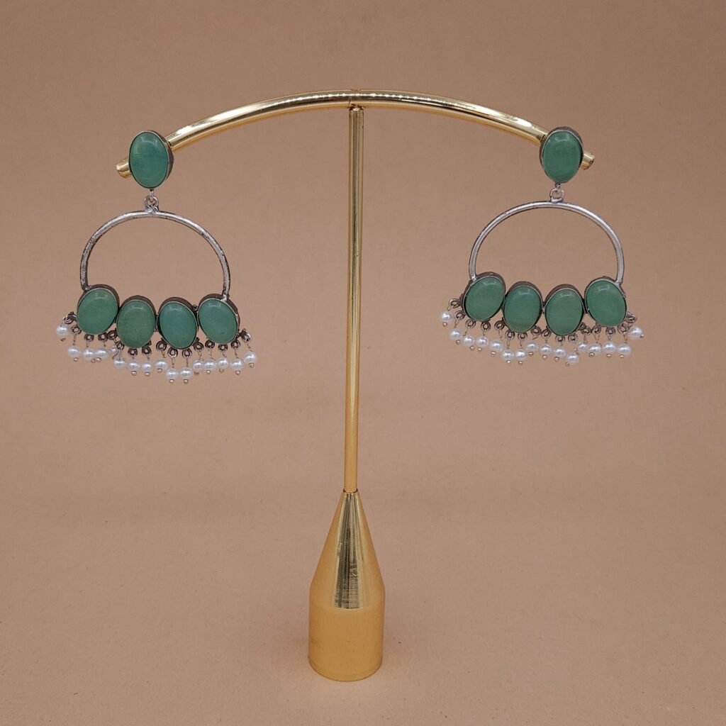 Handcrafted Silver Replica Green Monalisa Hoop Earrings with Pearls