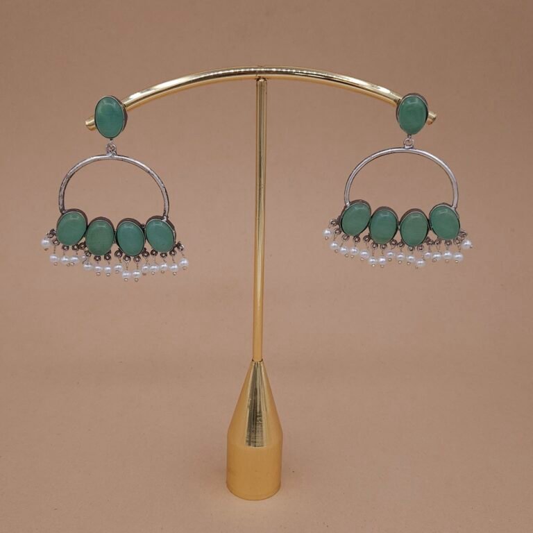 Handcrafted Silver Replica Green Monalisa Hoop Earrings with Pearls