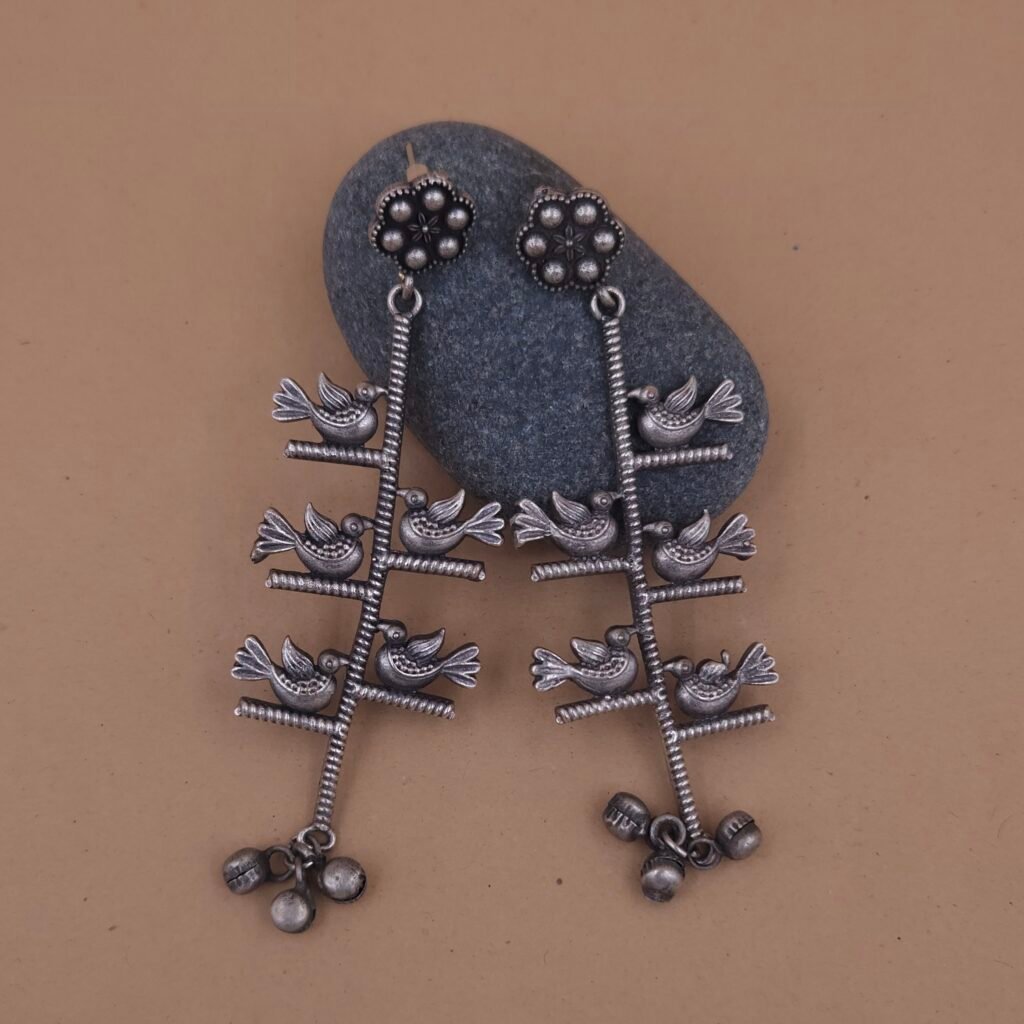Handcrafted Anti-Tarnish Silver Replica Bird Motif Brass Long Earrings